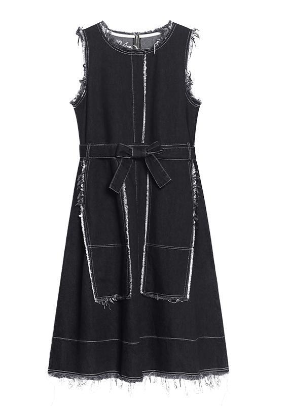 Beautiful Denim Black Tunics O Neck Patchwork Maxi Spring Dress