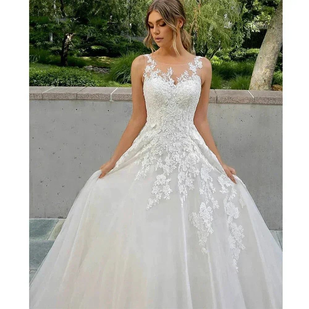 Beautiful Fascinating Sleeveless Mopping Wedding Dresses Lace Appliques Puffy Modern Gorgeous Simple Bridal Ball Gowns New 2023 (ZD14231) - VelvetHem