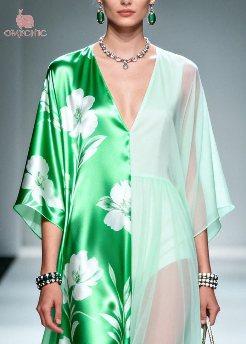 Beautiful Green Asymmetrical Patchwork Chiffon Maxi Dresses Summer