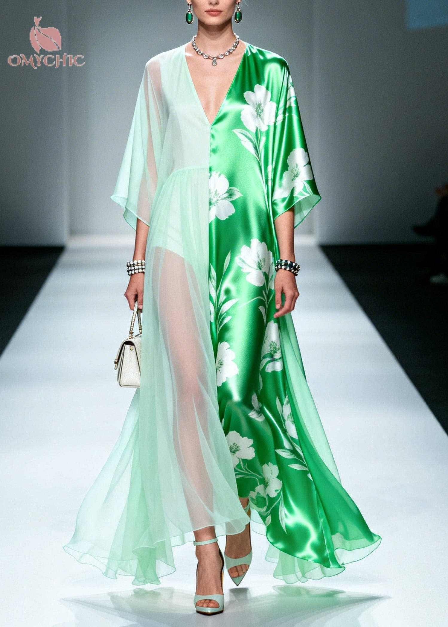 Beautiful Green Asymmetrical Patchwork Chiffon Maxi Dresses Summer