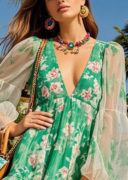 Beautiful Green Print Tulle Patchwork Chiffon Day Dress Summer