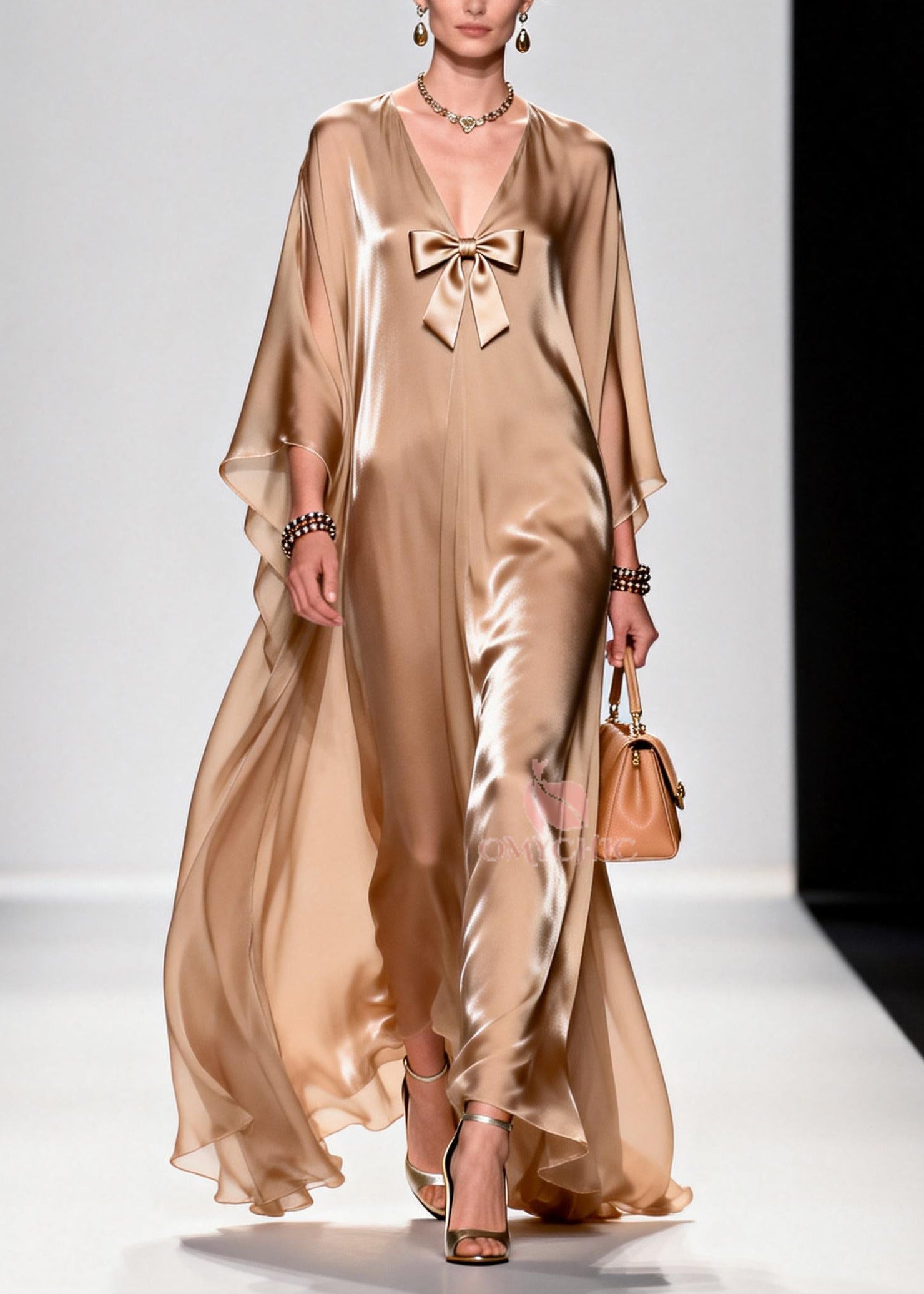Beautiful Khaki Bow Exra Large Hem Draping Chiffon Maxi Dresses Summer