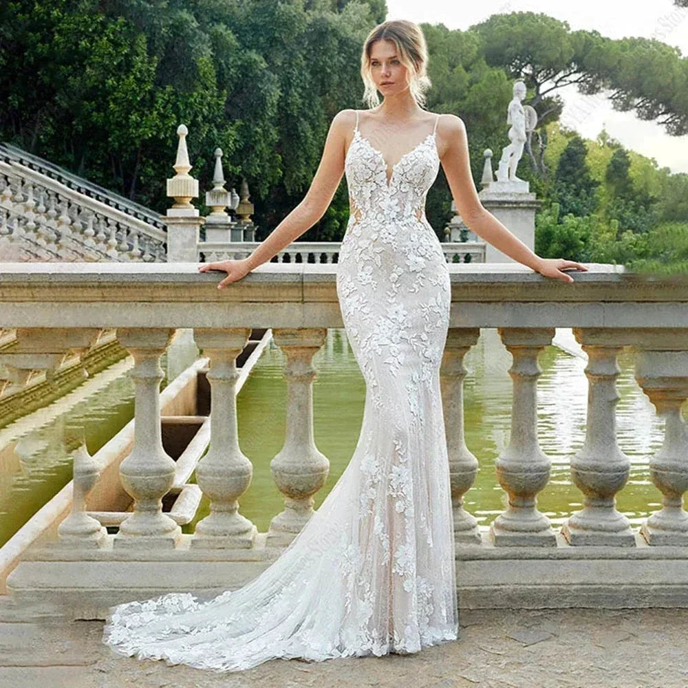 Beautiful Lace Sexy Off Shoulder Elegant Mermaid Sleeveless Deep V-neck Mop Wedding Dresses Strapless Bohemia Bridal Gowns (ZD14226)