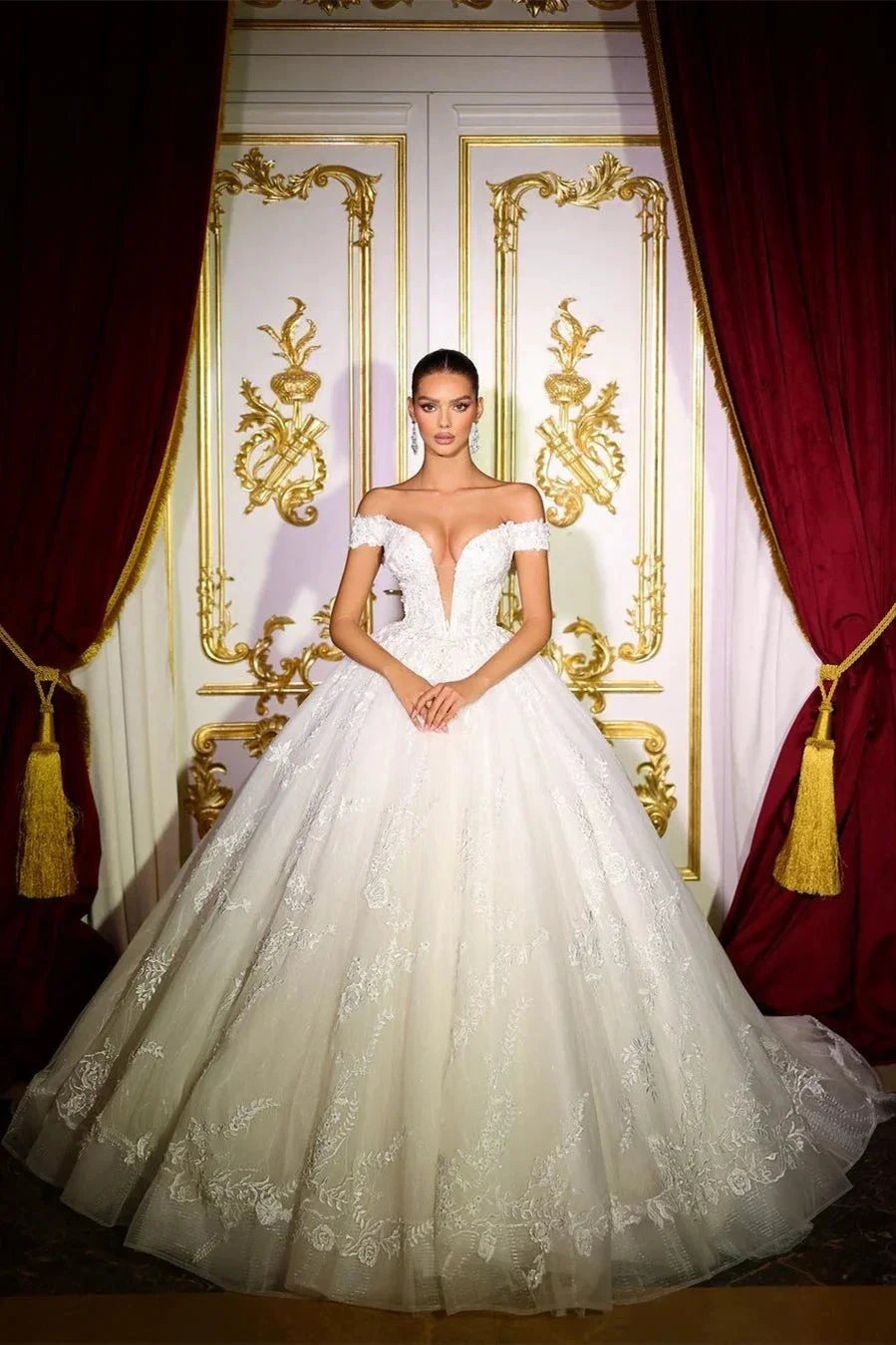 Beautiful Long A-line Off-the-shoulder V-neck Appliques Wedding Dress (ZD15650) - VelvetHem