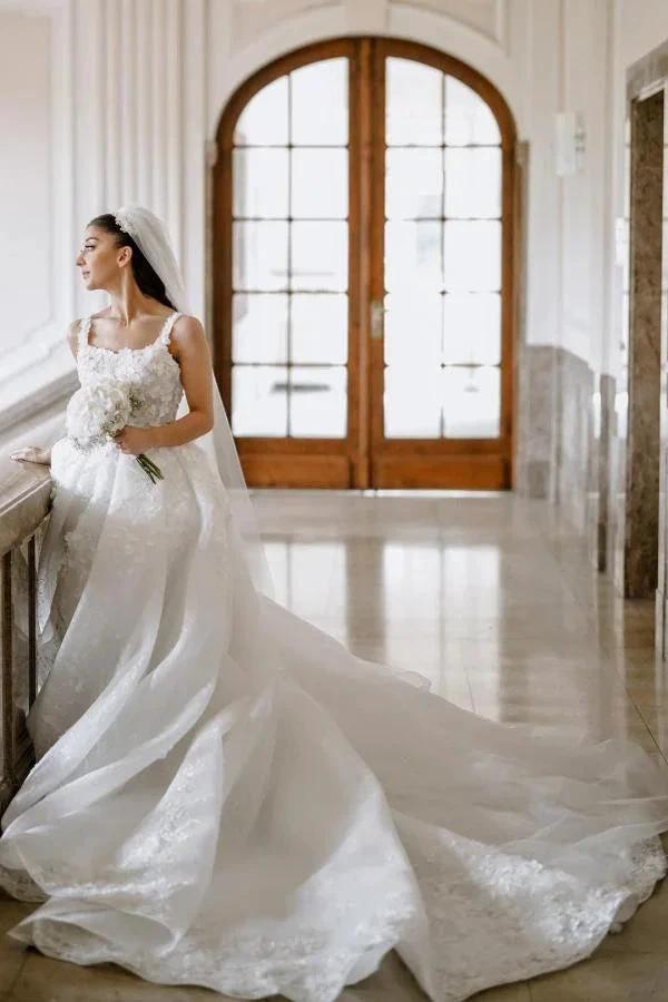 Beautiful Long A-line Split Front Sleeveless Wedding Dresses with Lace (ZD15645) - VelvetHem