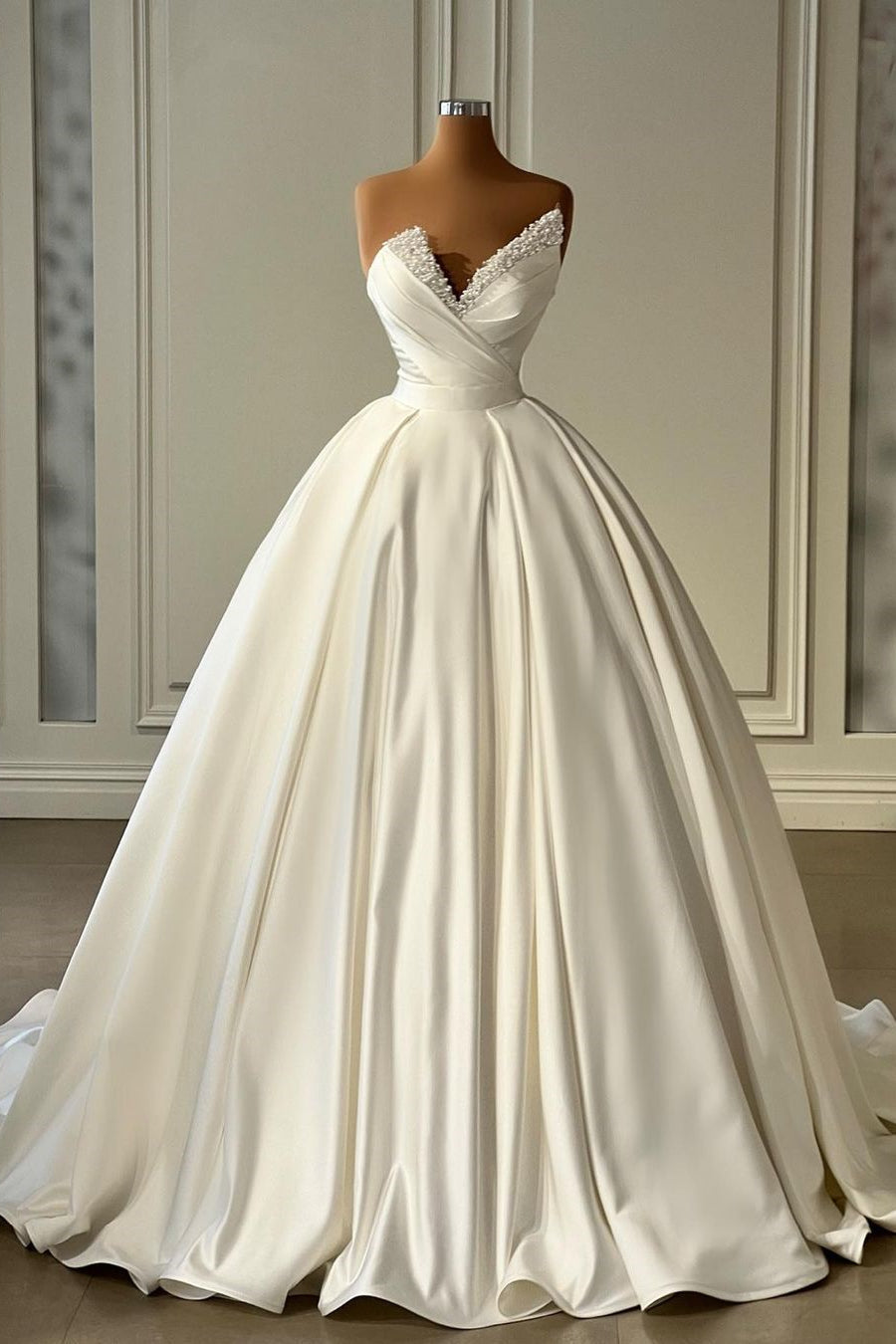 Beautiful Long Ivory A-line Satin Princess Wedding Dress with Pearl Details (ZD17485) - VelvetHem