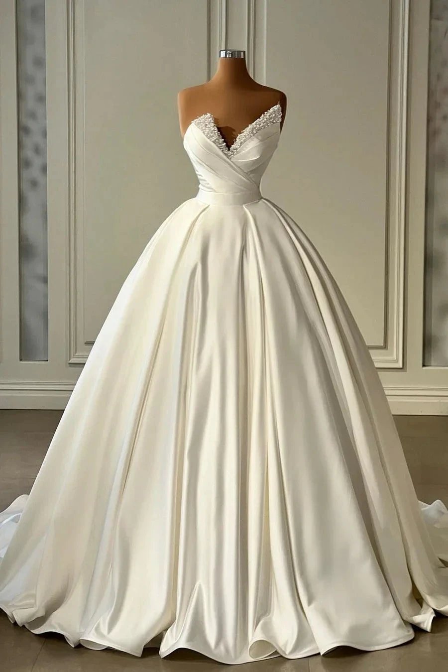 Beautiful Long Ivory A-line Satin Princess Wedding Dress With Pearls (ZD16487)