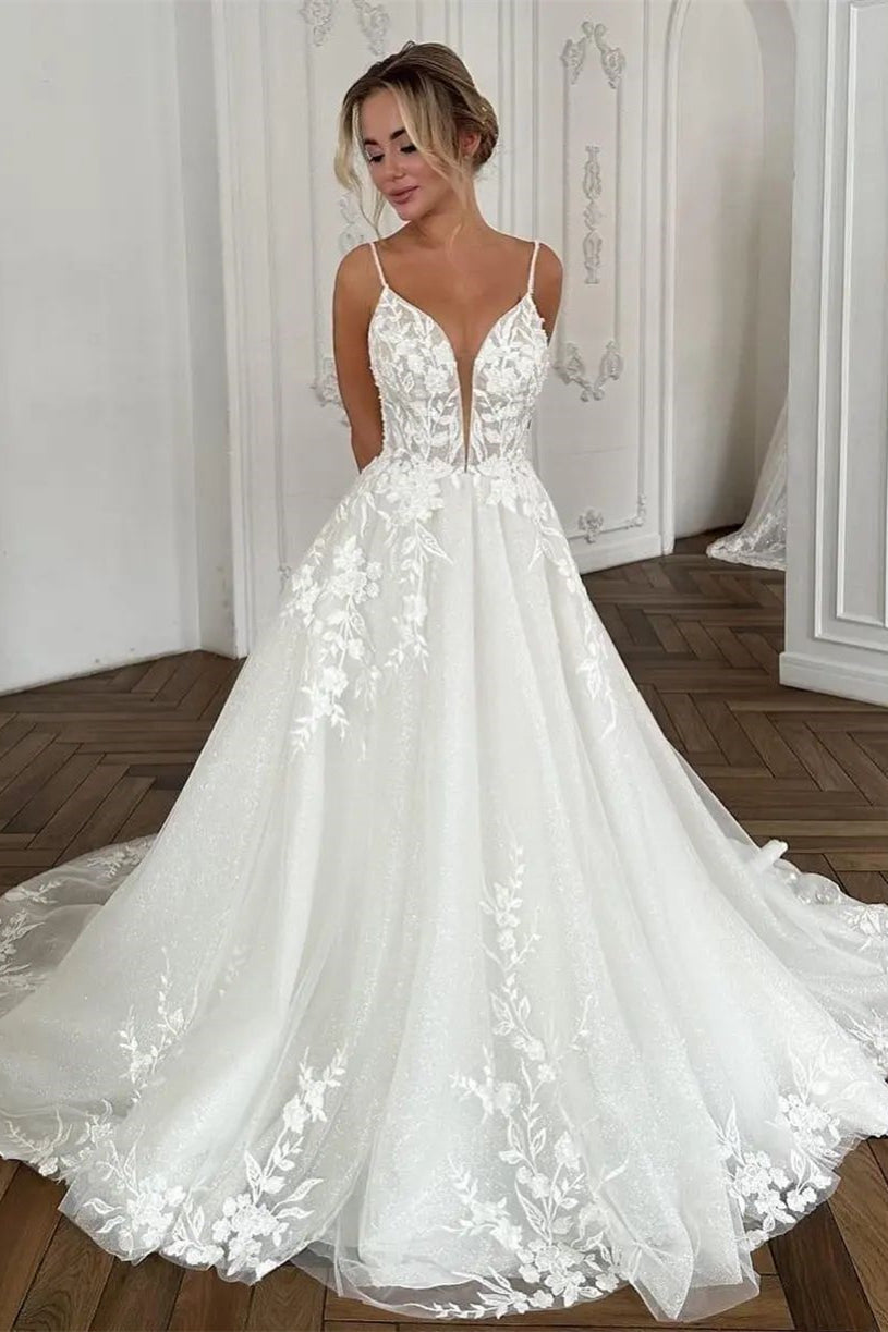 Beautiful Long Ivory A-line Spaghetti Strap V-neck Wedding Dress with Lace (ZD17488) - VelvetHem