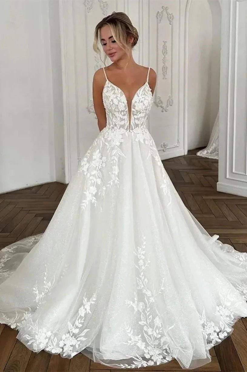 Beautiful Long Ivory A-line Spaghetti Straps V-neck Wedding Dress With Lace (ZD15688) - VelvetHem