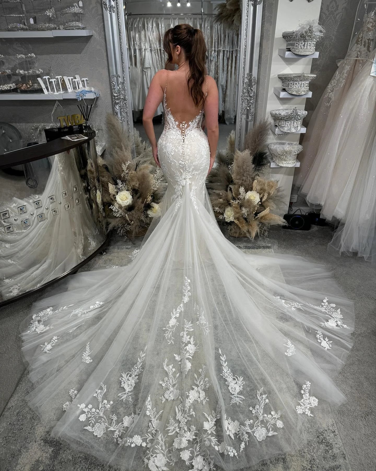 Beautiful Long Mermaid Spaghetti Straps V-neck White Wedding Dresses With Lace (ZD15628)