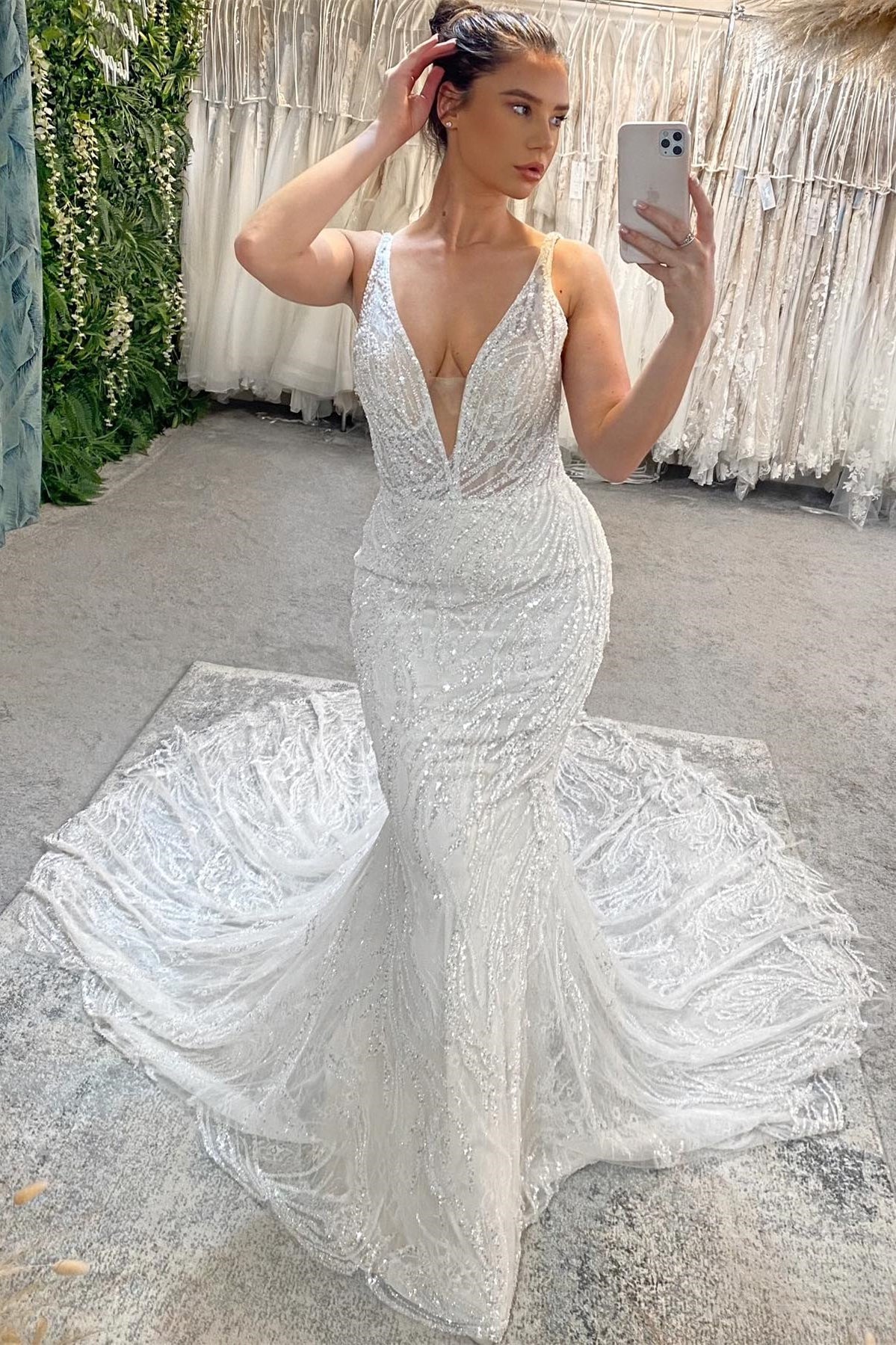 Gorgeous Long Mermaid V-neck Beaded Sleeveless Backless Wedding Gown With Lace (ZD17465) - VelvetHem