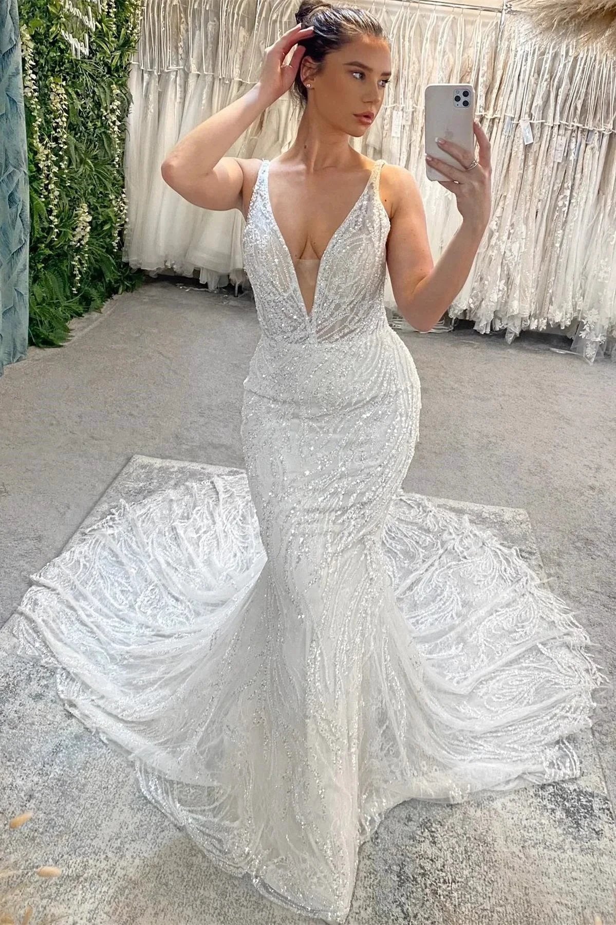 Beautiful Long Mermaid V-neck Beading Sleeveless Backless Wedding Dress With Lace (ZD15665) - VelvetHem