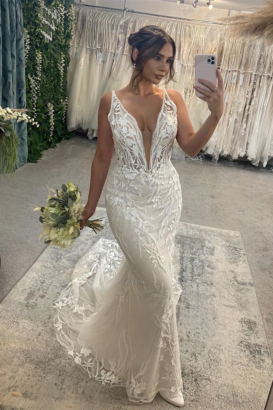 Stunning Long Mermaid V-neck Sleeveless Lace Backless Wedding Gown (ZD17468) - VelvetHem