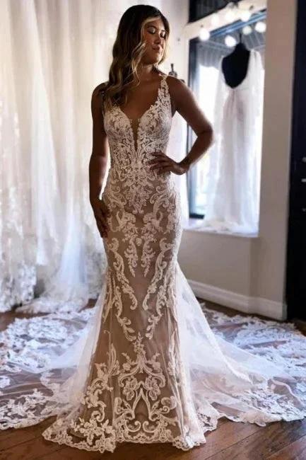 Beautiful Long Mermaid V-neck Sleeveless Lace Backless Wedding Dress with Train (ZD15601) - VelvetHem