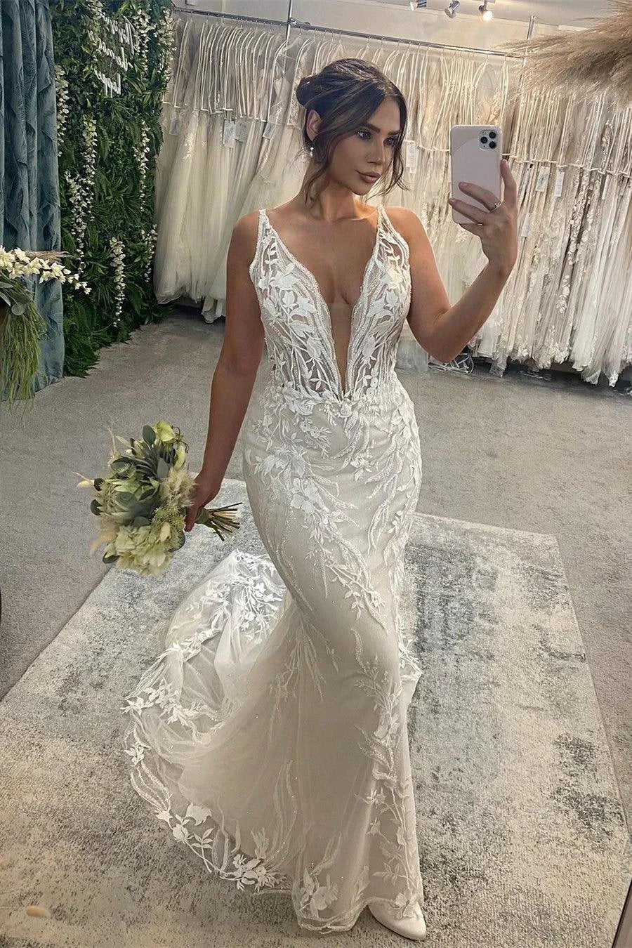 Beautiful Long Mermaid V-neck Sleeveless Lace Backless Wedding Dress (ZD15668) - VelvetHem