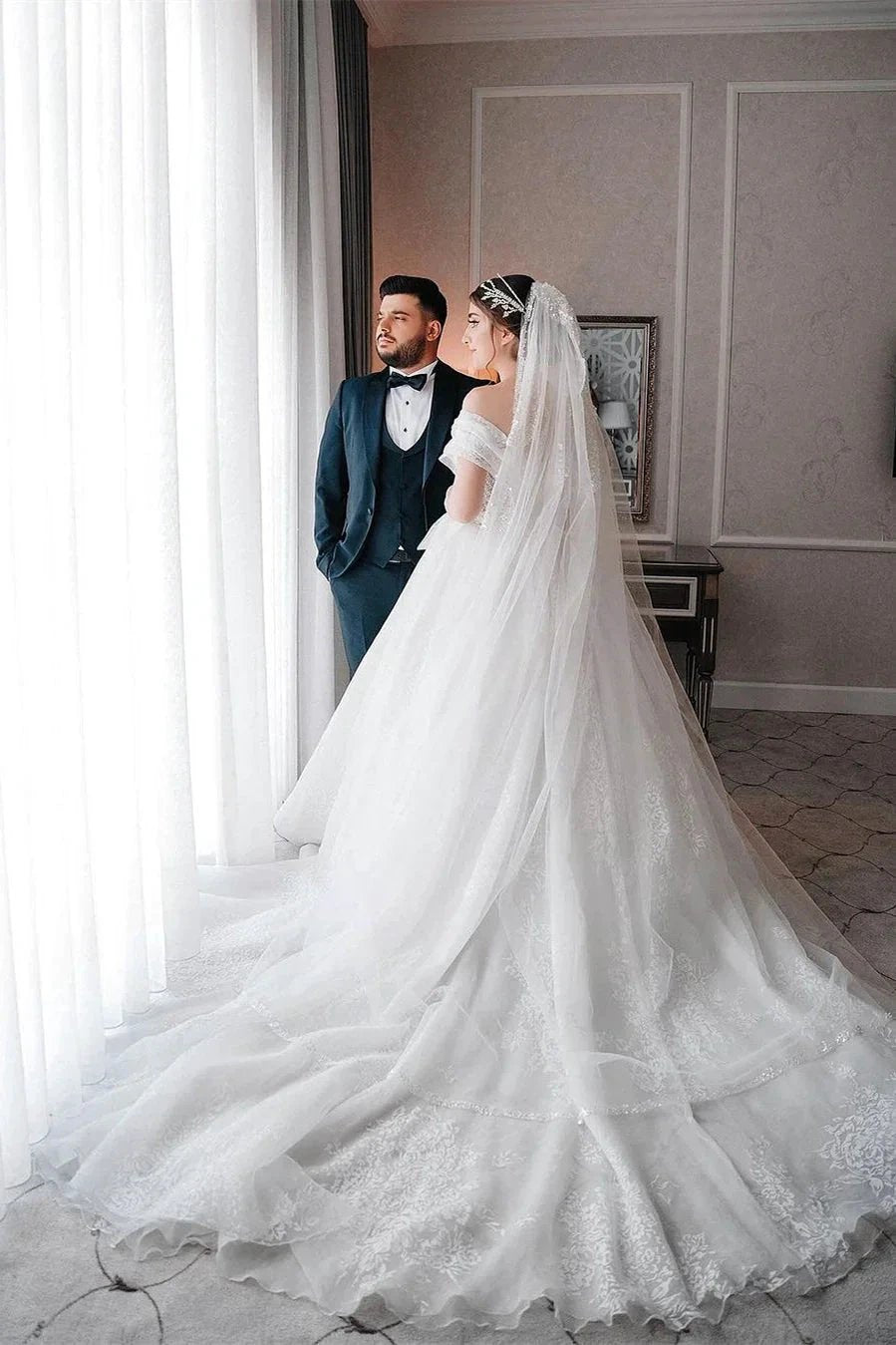 Beautiful Long White A-line Off-the-shoulder Sleeveless Wedding Dress With Lace (ZD15675)