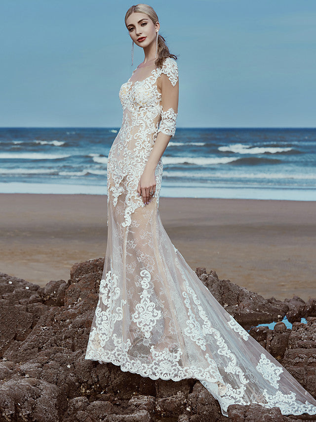 Beautiful Mermaid Beach Wedding Dress Scoop Lace Tulle Half Sleeve Bridal Gowns with Sweep Train