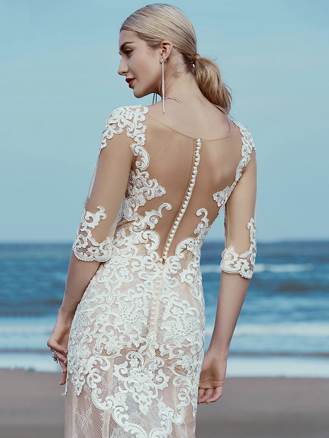 Beautiful Mermaid Beach Wedding Dress Scoop Lace Tulle Half Sleeve Bridal Gowns with Sweep Train