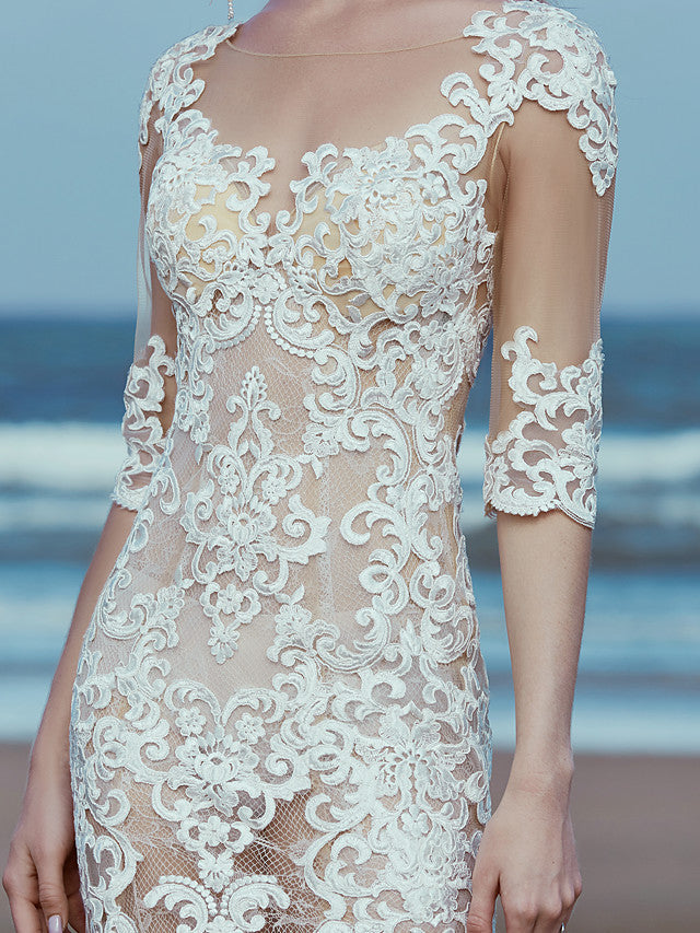 Beautiful Mermaid Beach Wedding Dress Scoop Lace Tulle Half Sleeve Bridal Gowns with Sweep Train