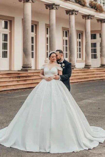 Beautiful Princess Long A-line Off-the-shoulder Lace Satin Wedding Dresses (ZD15636) - VelvetHem