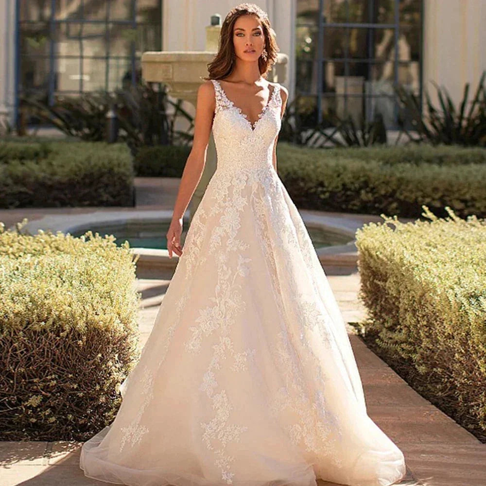 Beautiful Romantic A-line V-neck Sleeveless Sexy Backless Wedding Dresses New For Women Grace Flowers Gorgeous Bridal Gowns by payinti