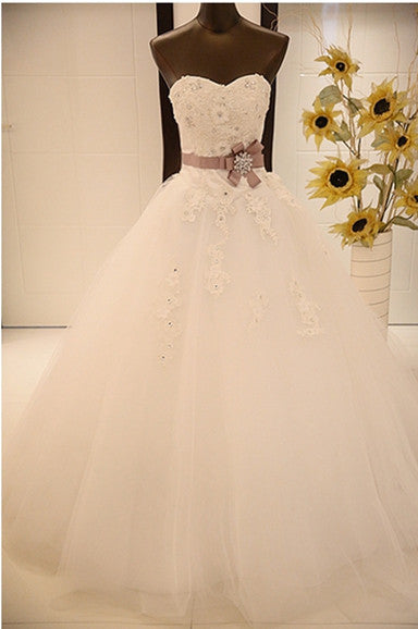 Beautiful White Sweetheart Lace Bridal Gown Crystal Bowknot Tulle Long Wedding Dress