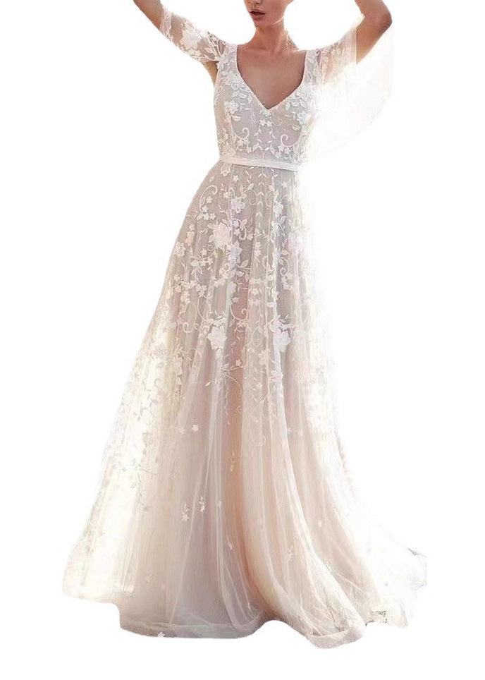 Beautiful White V Neck Backless Tulle Lace Long Dress Summer