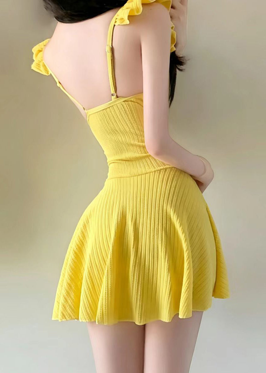 Beautiful Yellow Patchwork Ruffled Swimwear Dress Bodysuit
