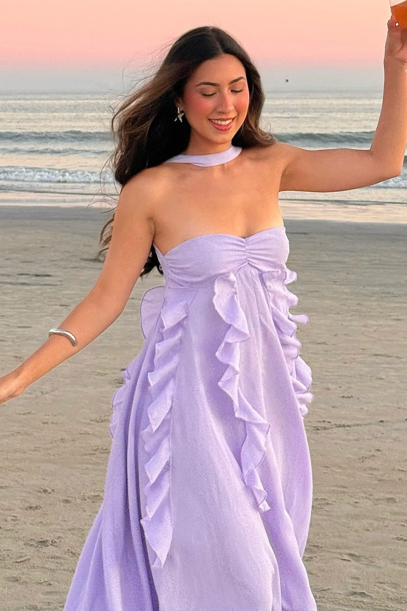 Beautiful A Line Strapless Lilac Long Prom Dress with Ruffles