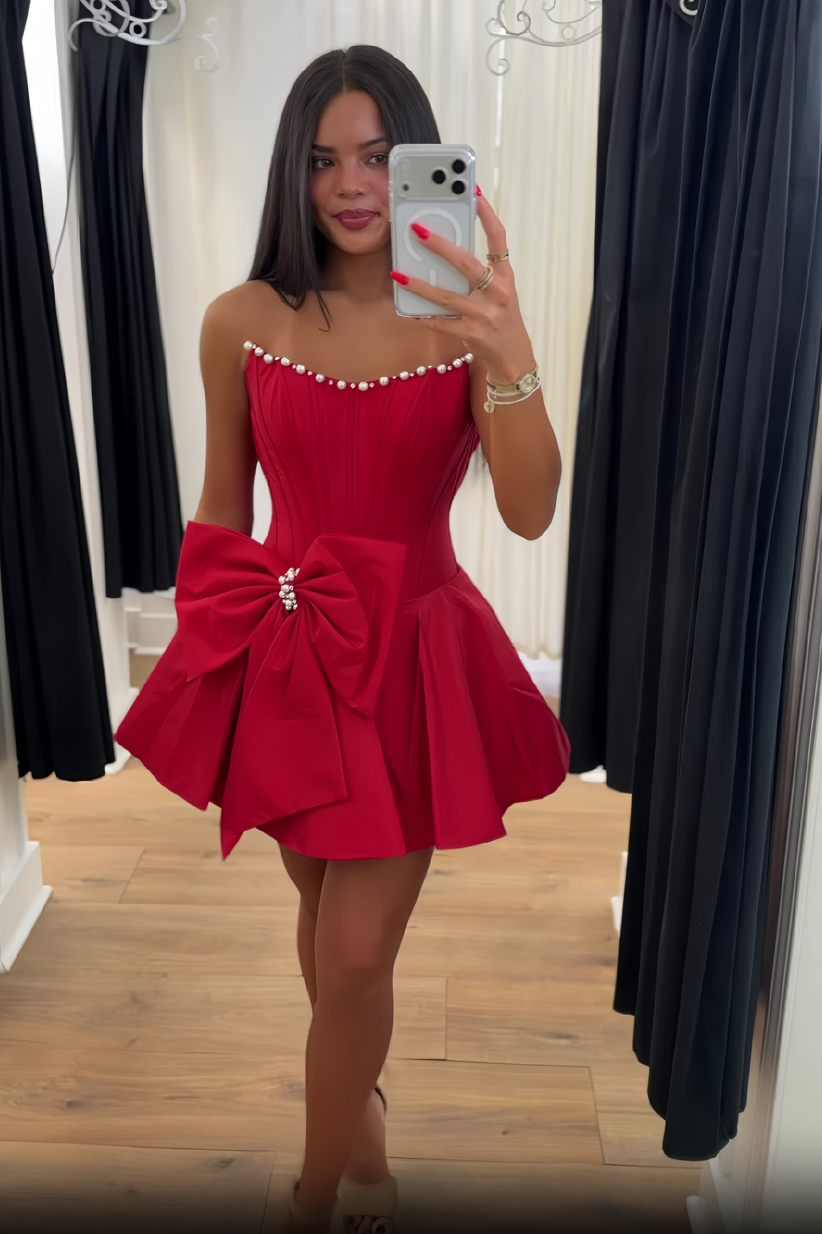 Beautiful A Line Strapless Red Corset Homecoming Dress with Bowknot Pearls