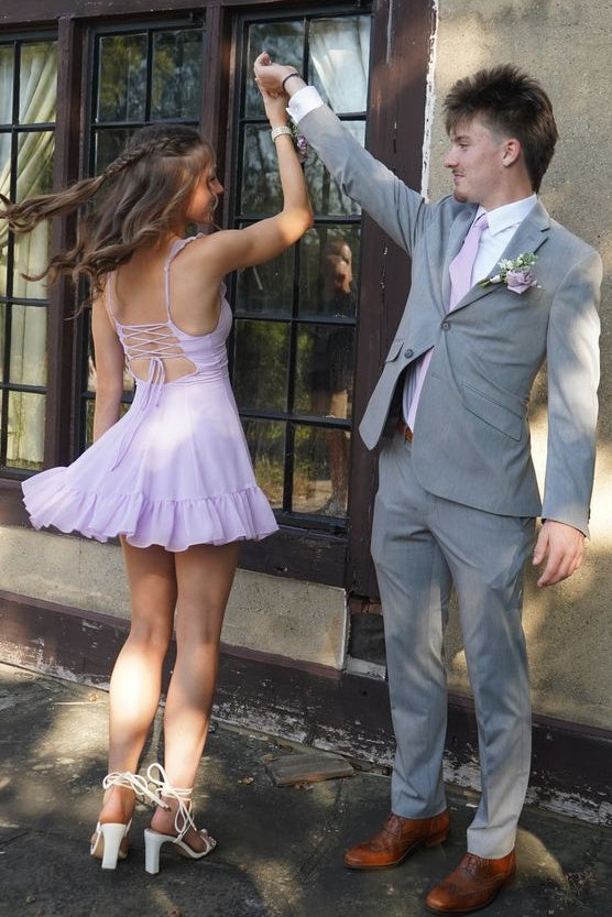 Beautiful A Line Sweetheart Lilac Short Homecoming Dress with Criss Cross Back