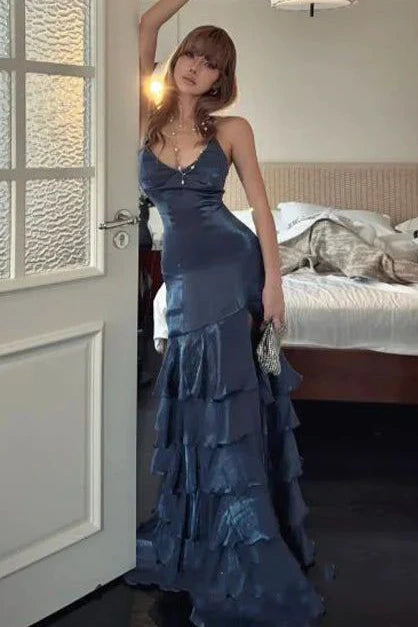 Gorgeous A Line Spaghetti Straps Navy Blue Long Prom Dress with Ruffles