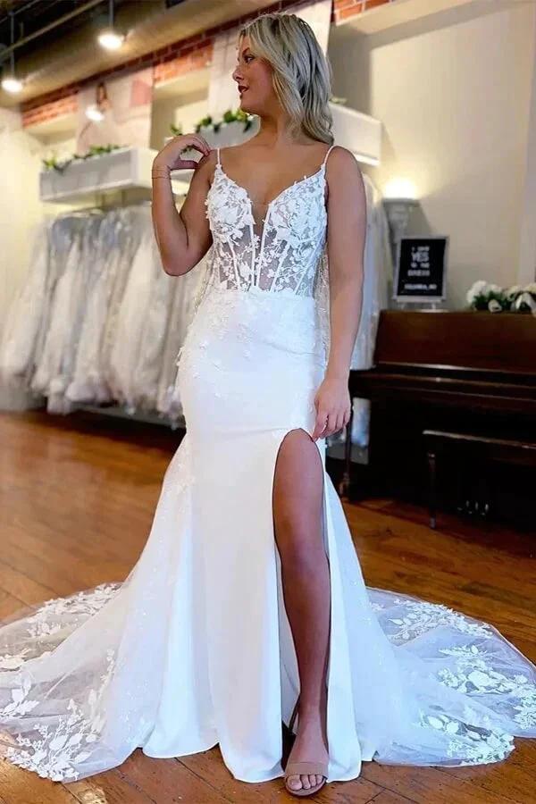 Beautiful Mermaid Satin Lace Wedding Dresses Bridal Gown With Side Slit (ZD16184)