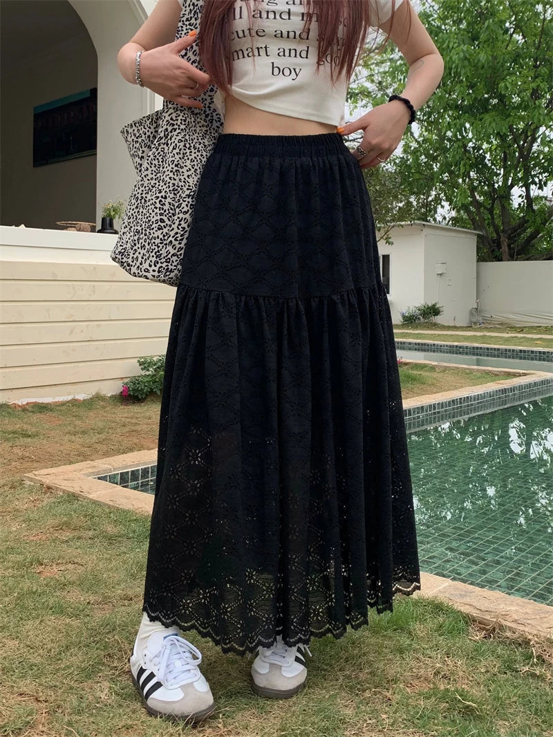 DressBetty - Black Lace Ruffled High Waist A-Line Skirt - VelvetHem
