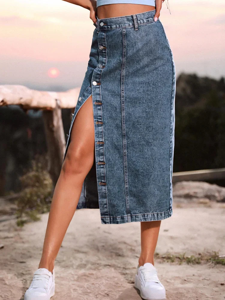 DressBetty - Streetwear Button Denim Skirt Bodycon Long Skirt