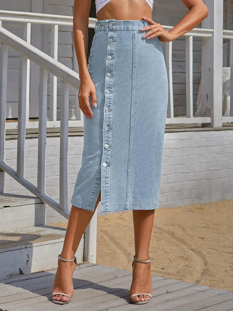DressBetty - Streetwear Button Denim Skirt Bodycon Long Skirt