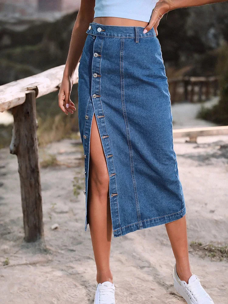 DressBetty - Streetwear Button Denim Skirt Bodycon Long Skirt