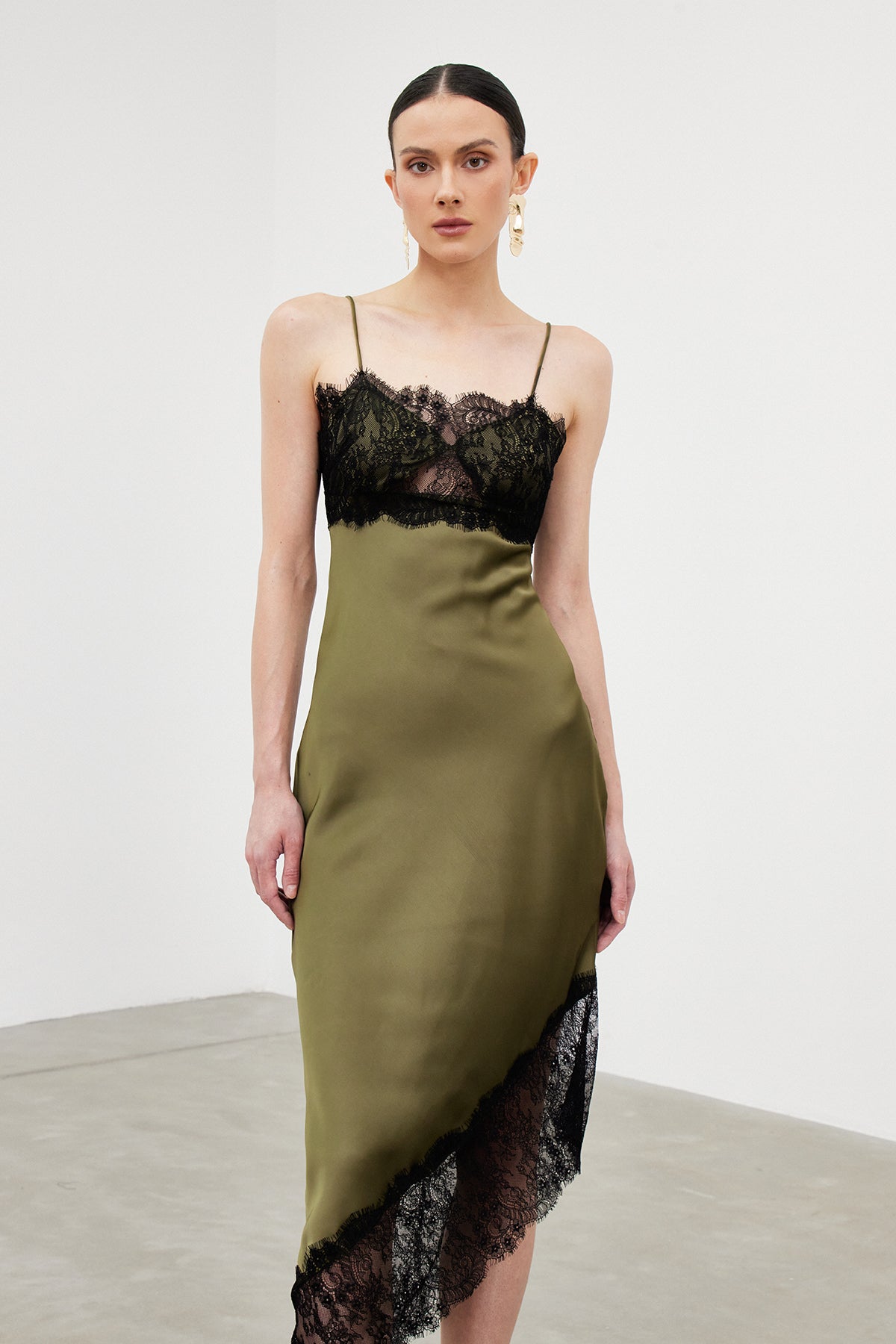 Bess Spaghetti Lace Asymmetric Midi Dress