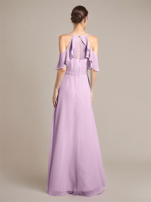 Wisteria A Line Chiffon Spaghetti Straps Sleeveless Floor-Length Bridesmaid Dresses With Ruffles