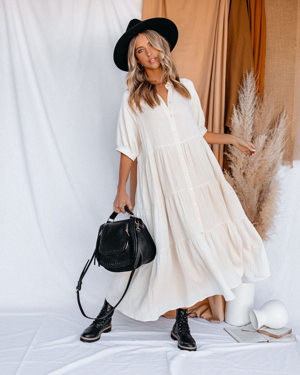 Binx Cotton Pocketed Button Down Midi Dress Ivory