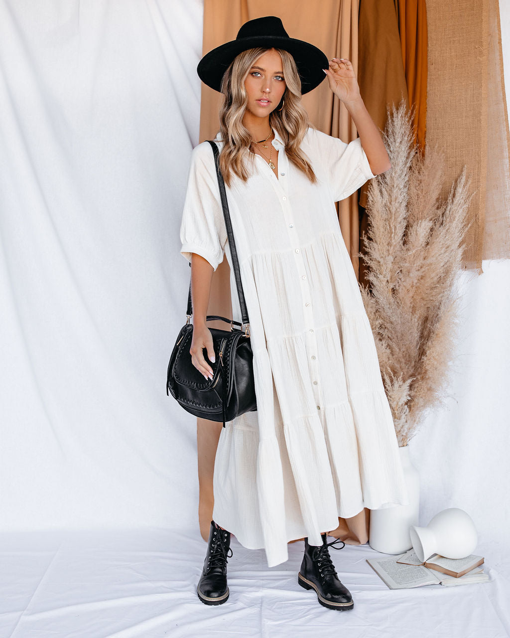 Binx Cotton Pocketed Button Down Midi Dress Ivory