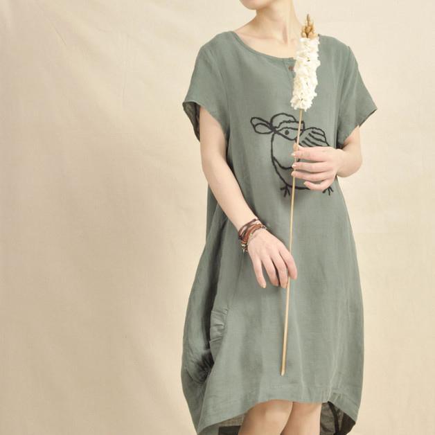 Bird print linen dress short sleeve cotton sundress