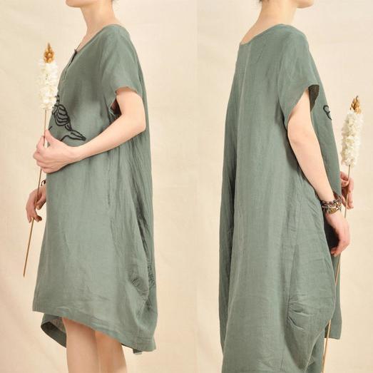 Bird print linen dress short sleeve cotton sundress