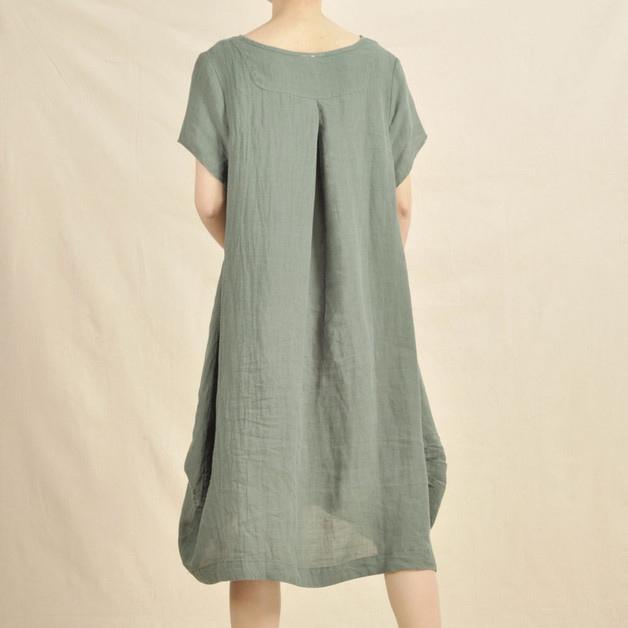 Bird print linen dress short sleeve cotton sundress