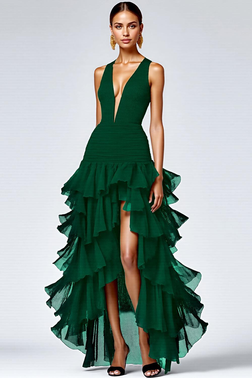 Suzhoufashion Black A Line V-Neck Tiered Sleeveless Long Prom Dress With Slit