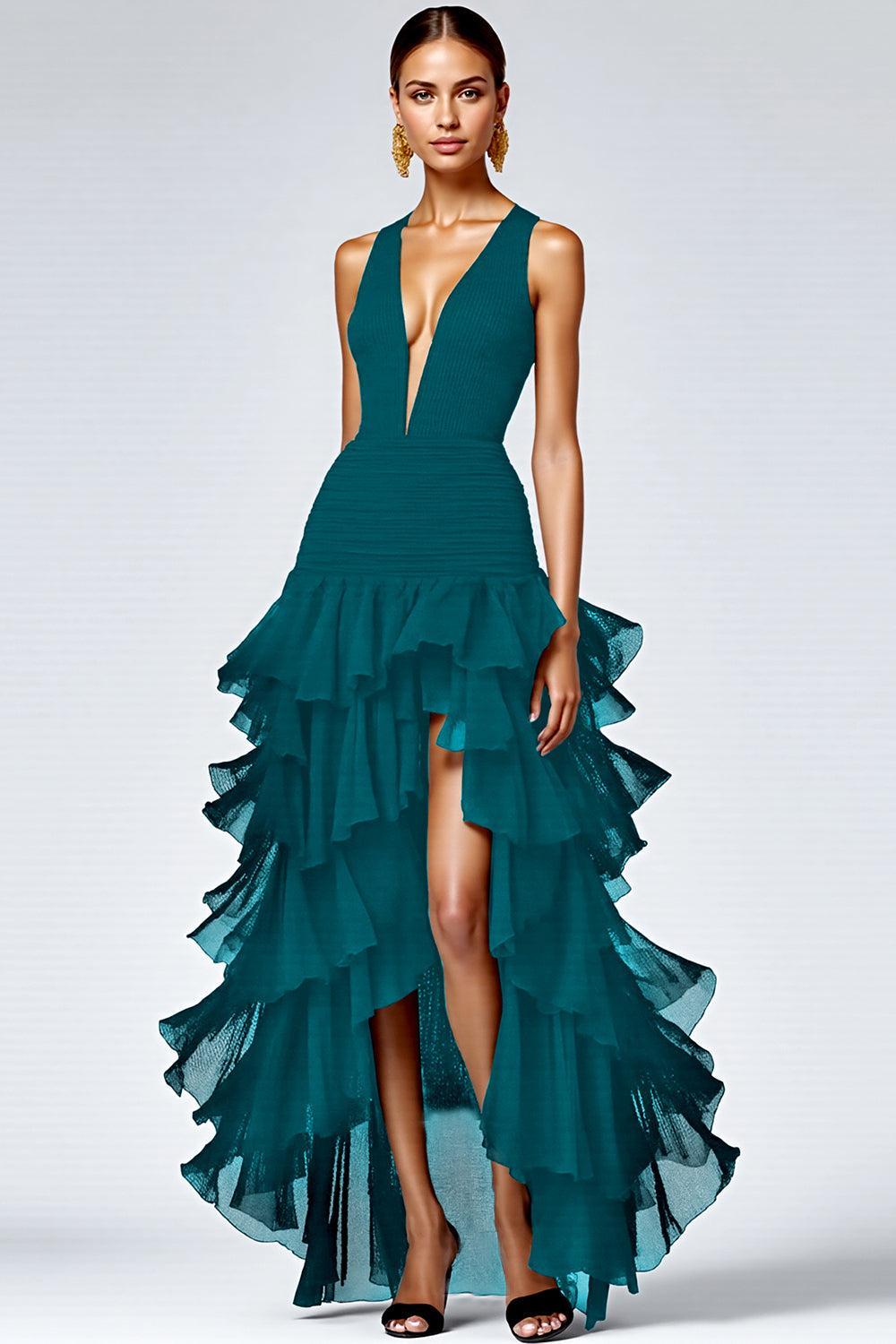 Suzhoufashion Black A Line V-Neck Tiered Sleeveless Long Prom Dress With Slit