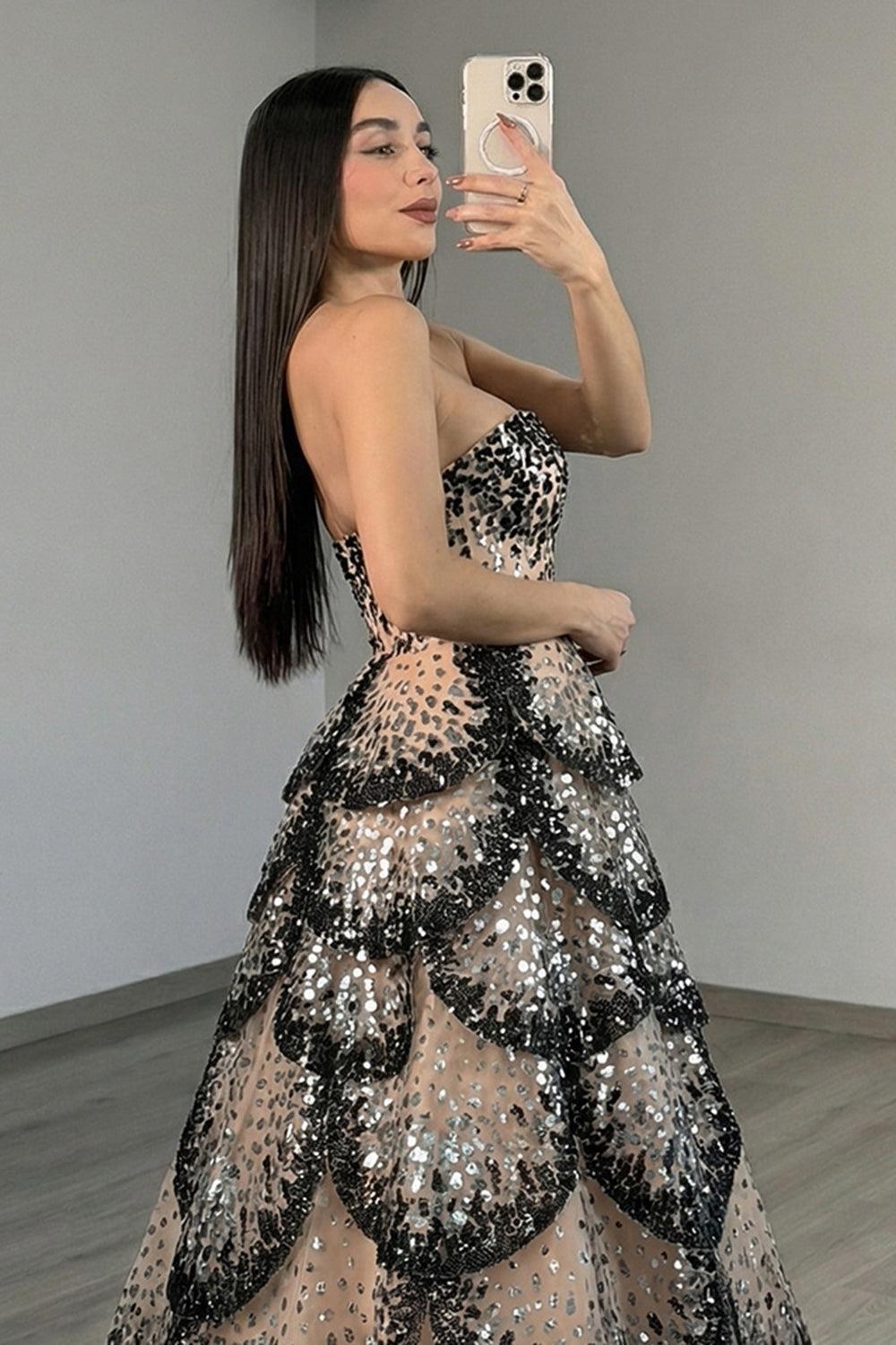 Suzhoufashion Black Apricot Tiered Prom Dress Strapless A Line Long Formal Dress With Sequin