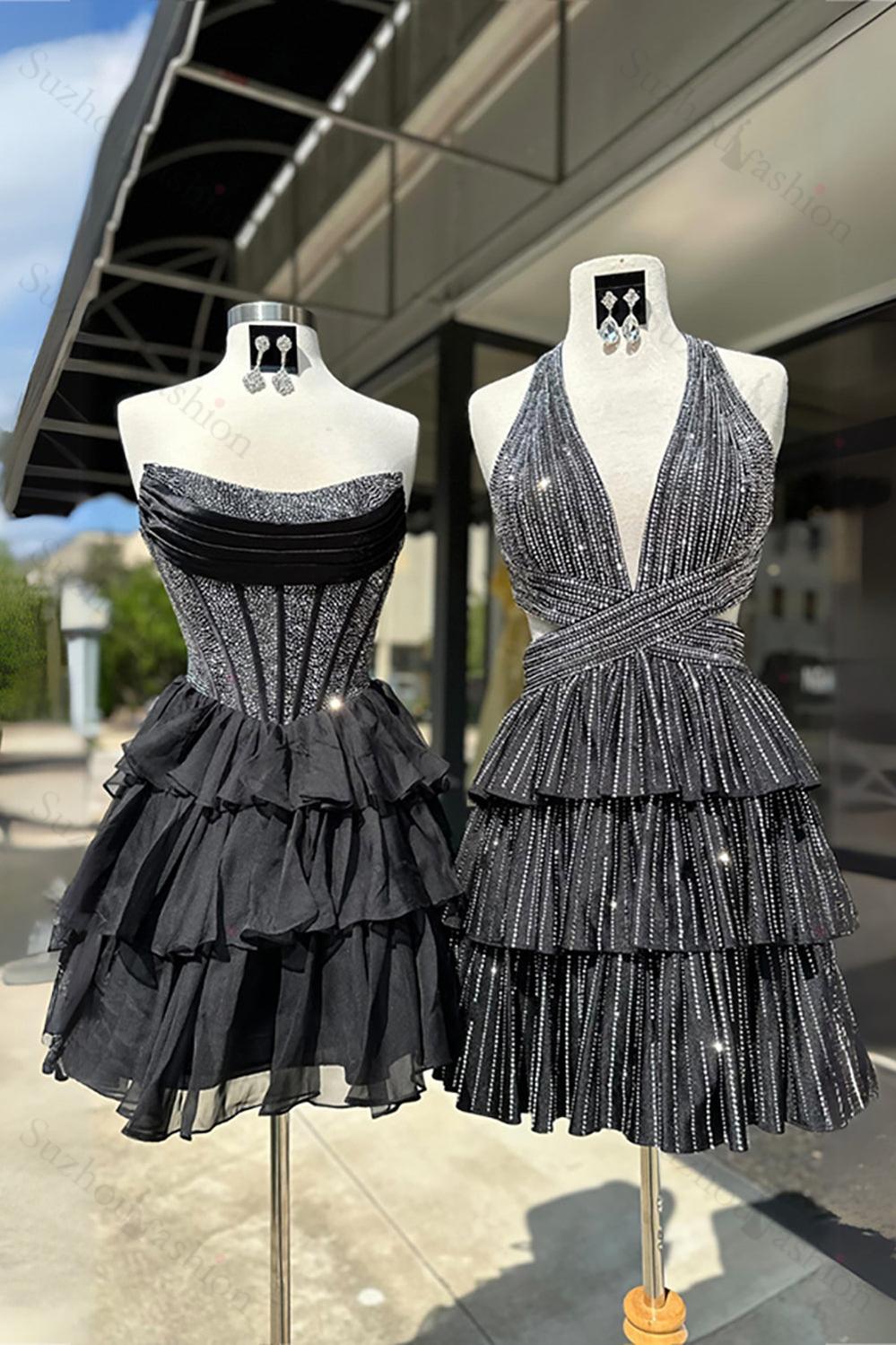 Black Beaded Corset A Line Homecoming Dresses Short Cocktail Dresses With Ruffles