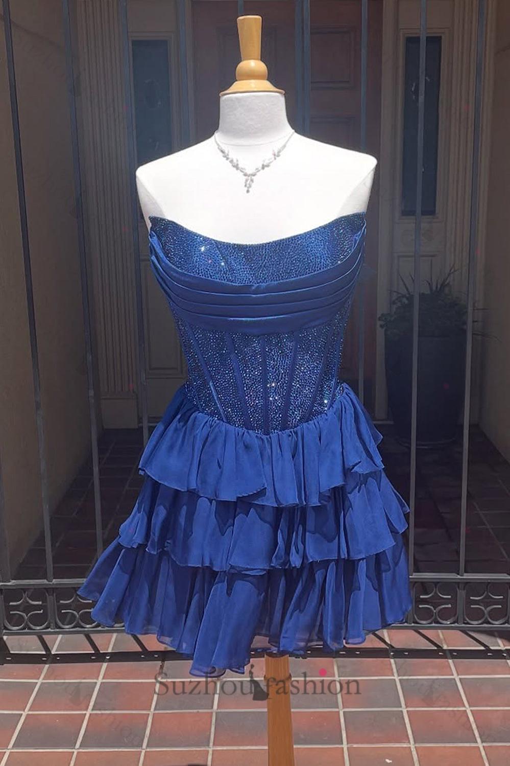 Black Beaded Corset A Line Homecoming Dresses Short Cocktail Dresses With Ruffles