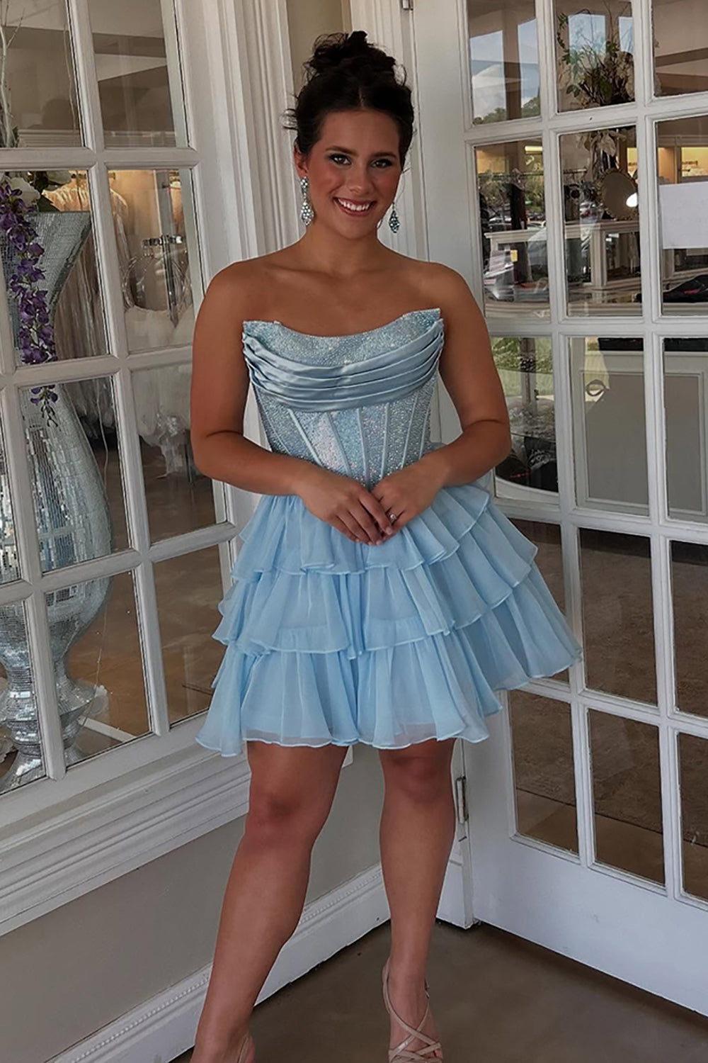 Black Beaded Corset A Line Homecoming Dresses Short Cocktail Dresses With Ruffles